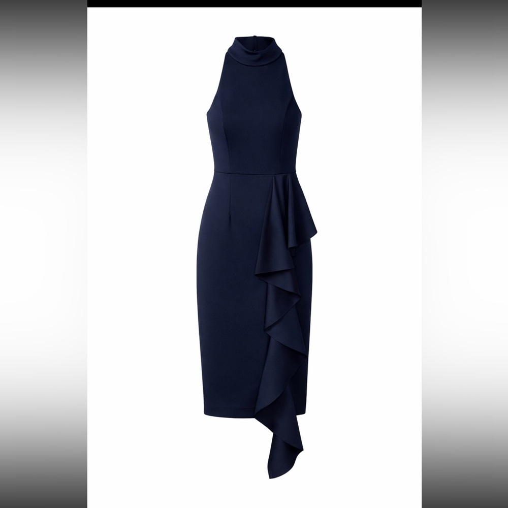 Eliza J Navy Ruffle Mock Neck Sleeveless Sheath Dress Size 0 NWT